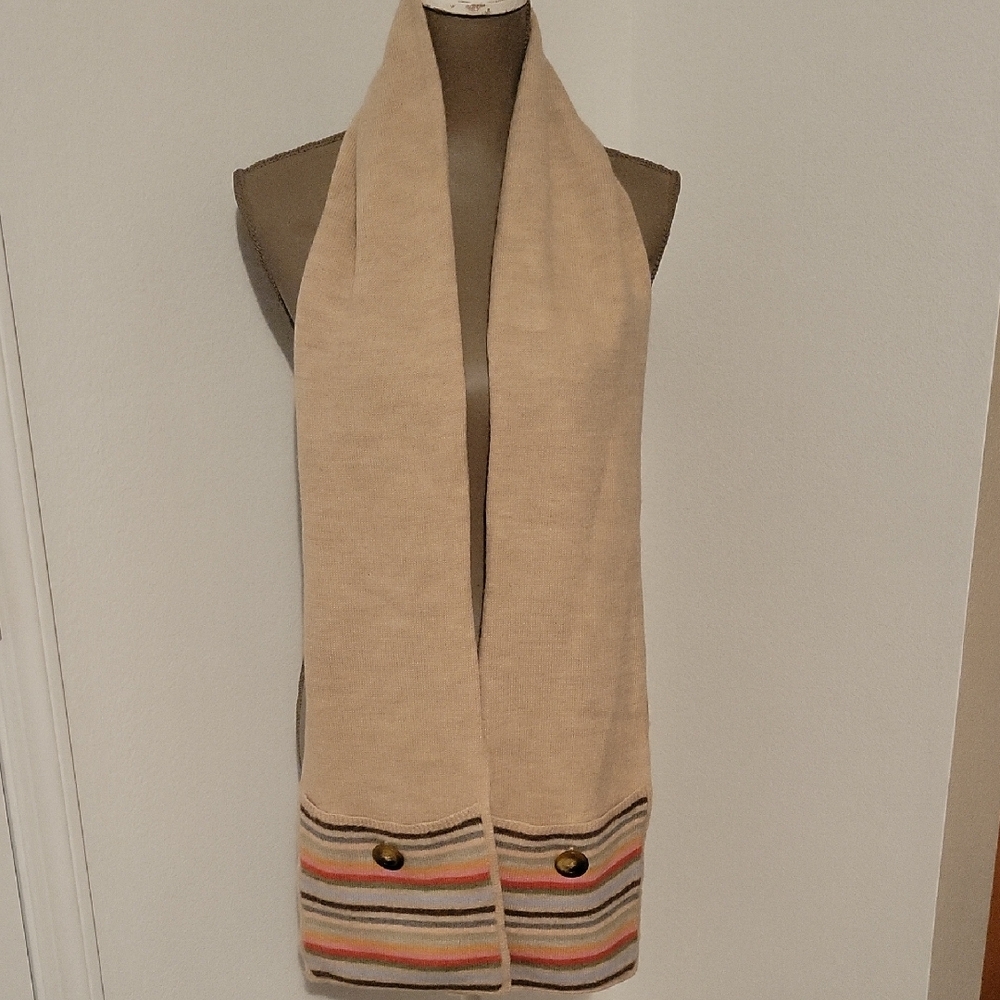 Broqade Chic Beige Striped Scarf with Button Accents
